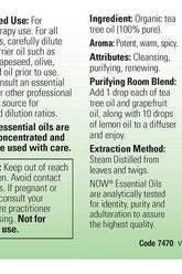 Label for Now Foods Organic Tea Tree Oil, detailing usage, ingredients, and extraction method.